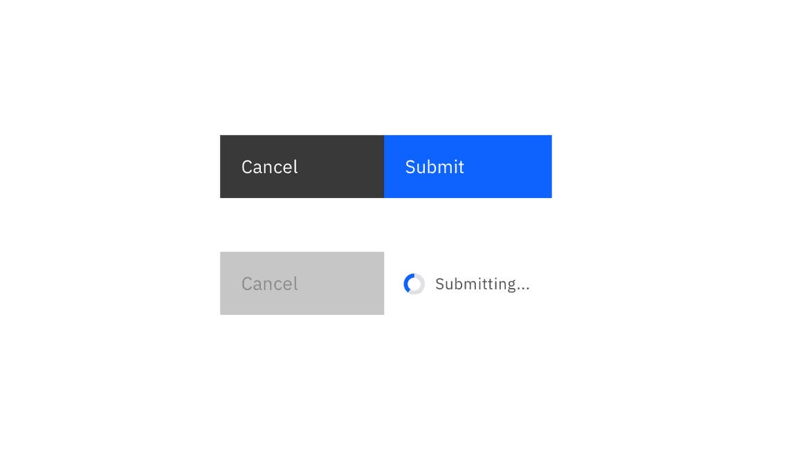 example of Cancel button in disabled state while the Submit button is replaced by inline loading icon and "Submitting" message